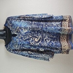 Catherines | Women's Navy Cream Floral Rhinestones Neckline 3/4 Sleeves Top 1X